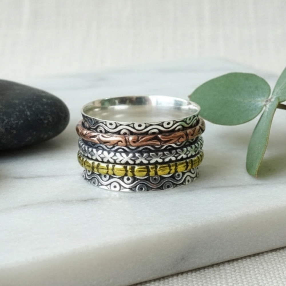 S925 Sterling Silver Spinner Ring Mixed Metal Copper Brass Meditation Band Sz 10